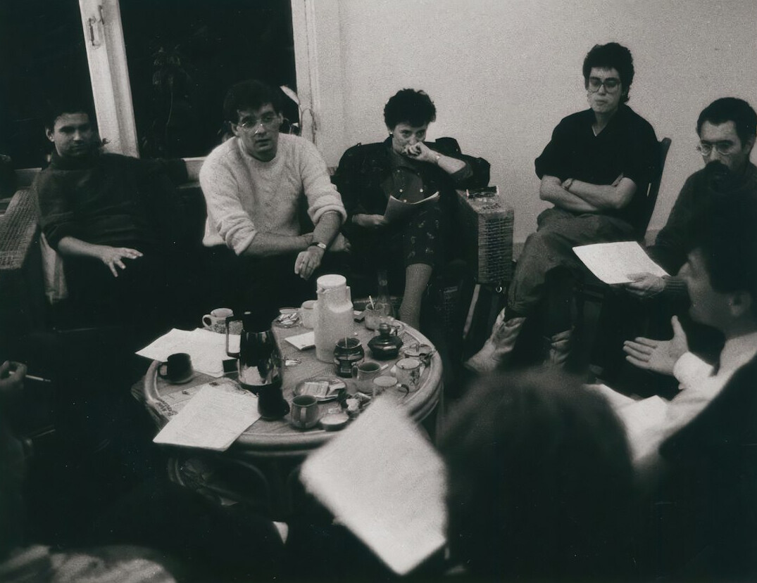 group discussing clues